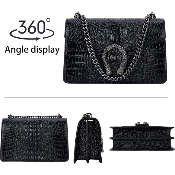 ⚡ Women's Crocodile Black Snake Leather Print Casual Satchel Crossbody Handbag - Picture 4 of 7